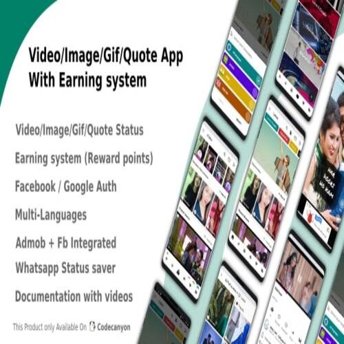 Video/Image/Gif/Quote App With Earning sytem (Reward points) is a mobile Status system which run under Android platform that used for your own Status application. With powerful features and beautiful design and Responsive Admin Panel can manage Videos,Images,Gifs,Quote,categories, users,notifications,lanuages,Earning Payments and others. This application created by Android studio for client side and then Php/MySQL for Admin side. Run under Android platform which is the most popular operating system in the world. By using this application you can save your money and time in creating application for your own Status application.